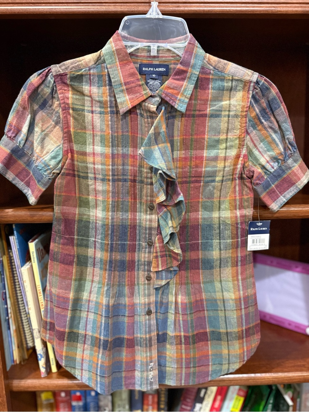 Girls Ralph Lauren Multicolor Plaid Ruffle-Front Button-Down Shirt size 10